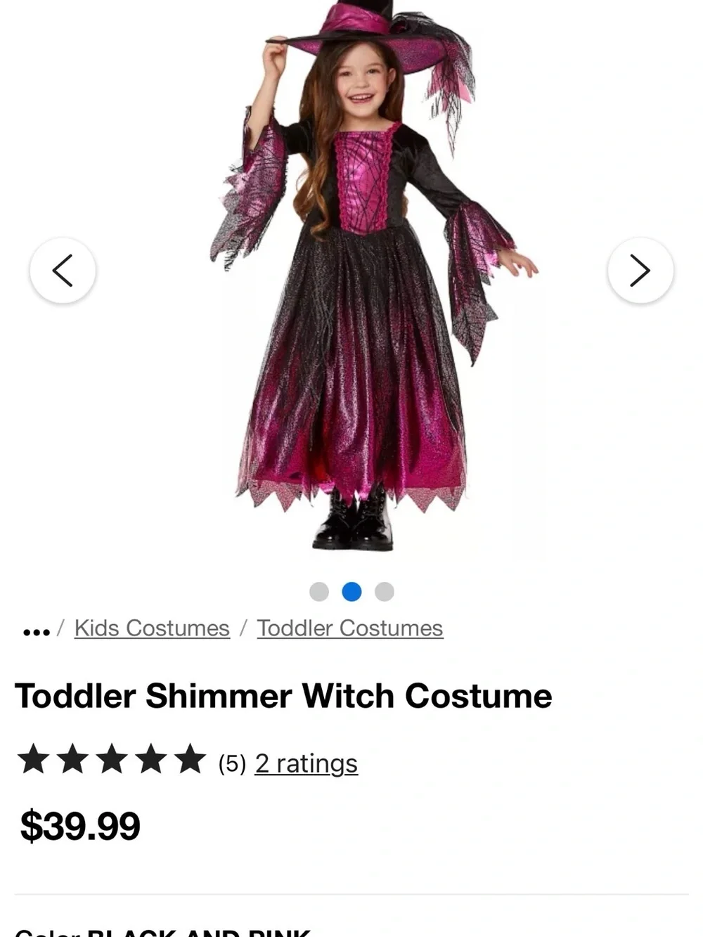 Girls' Pink and Black Witch Costume Dress with Hat and Brooms